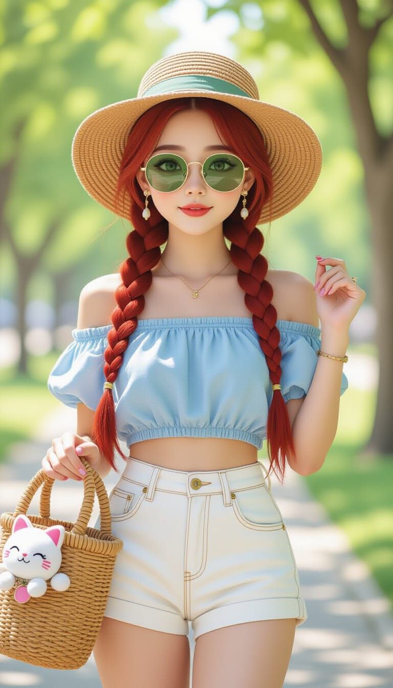 Japanese Woman in Crochet Hat, Watercolor Style