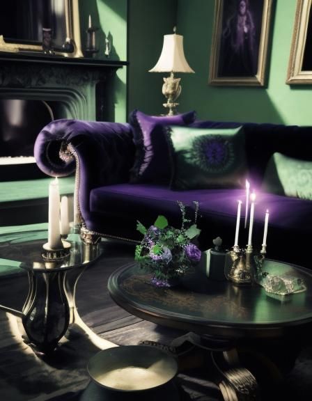 Beautiful gothic living room with Emerald green walls and Beautiful purple Gothic sofa and Beautiful purple Gothic circu...