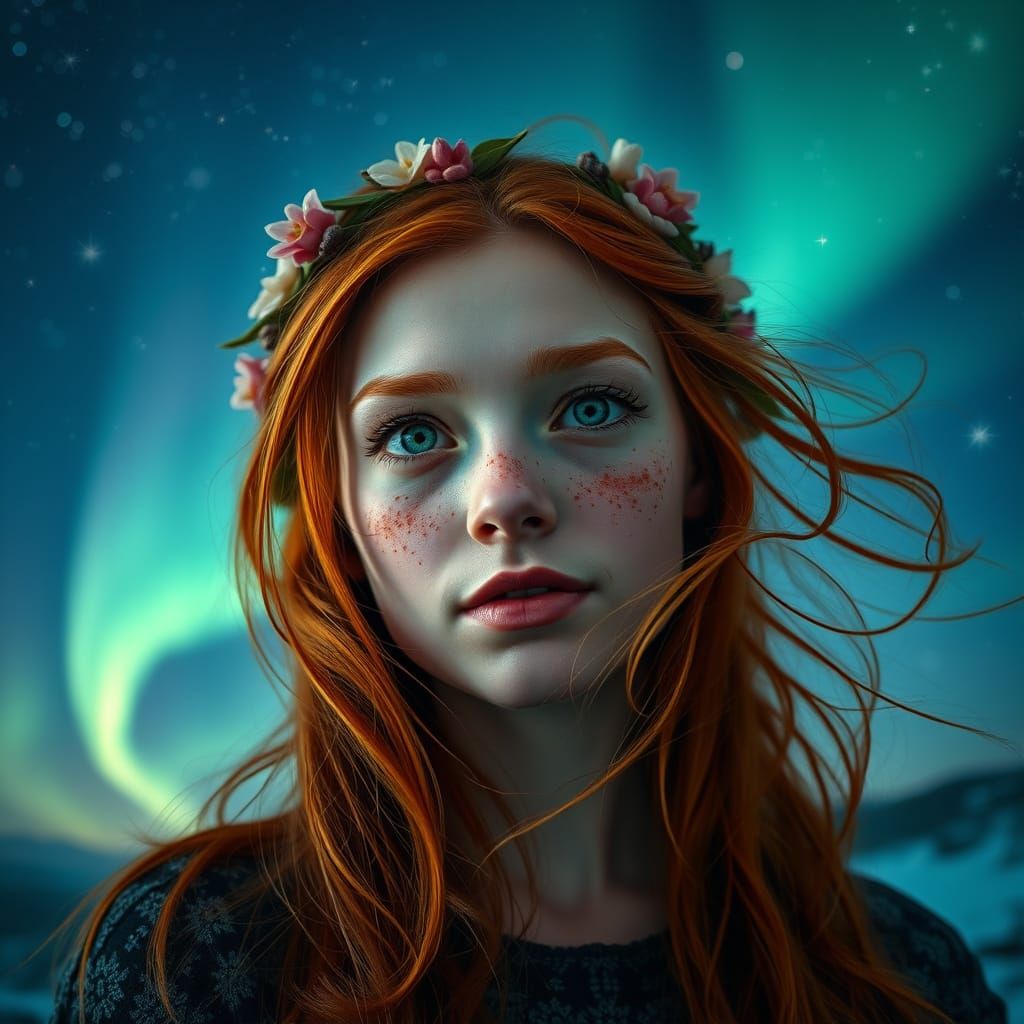 Ginger Goddess Under Aurora's Ethereal Glow