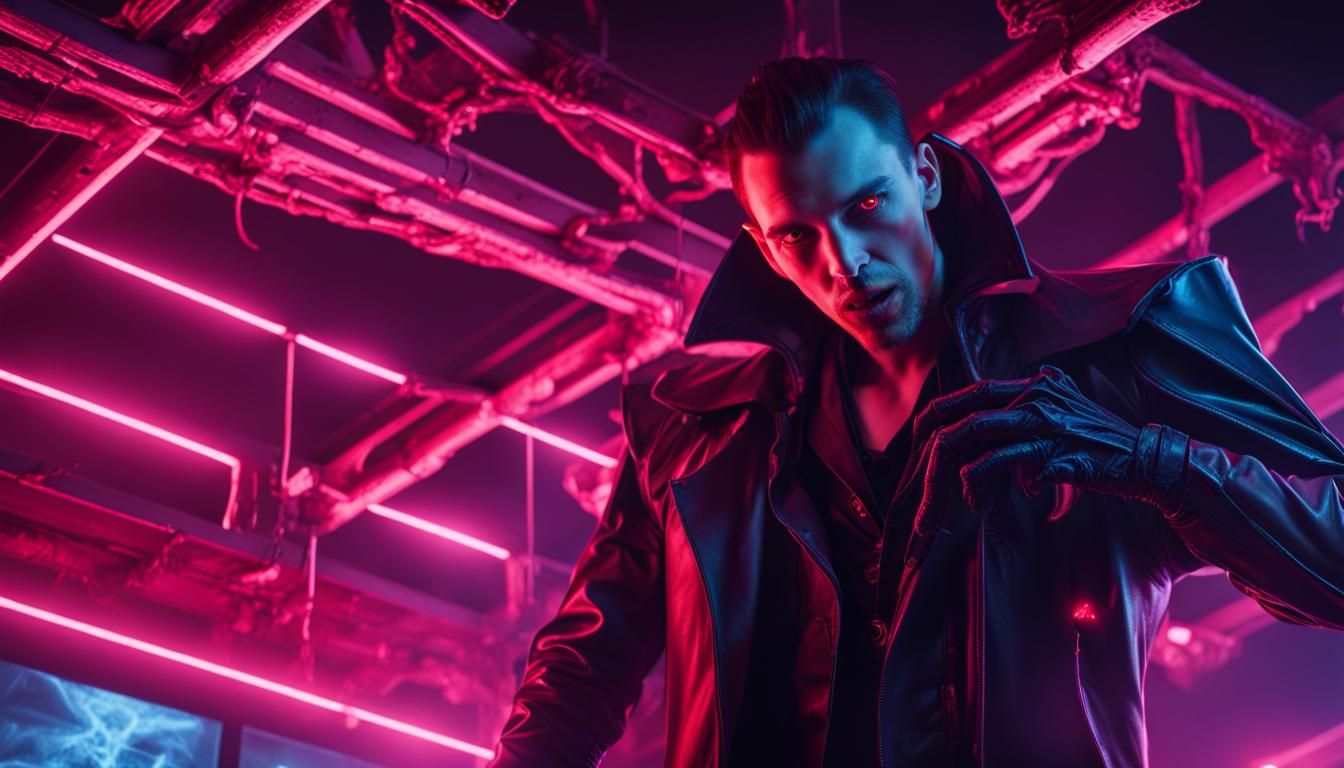 Neon Horror: Vampire Cyborg Under Billboard