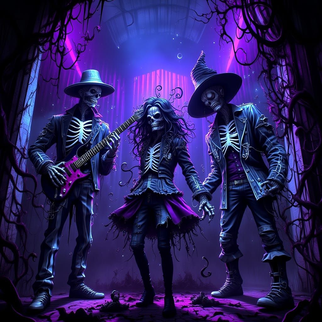 Skeleton Rock Band and Ghoulish Dancers in Gothic Style