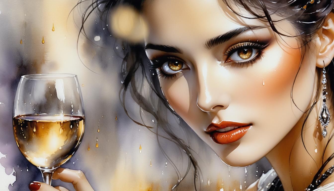 Watercolor Portrait of Woman with Wine