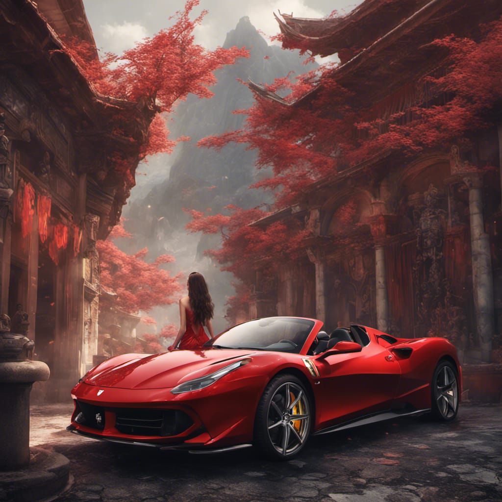 Chinese Girl in Ferrari: Detailed Matte Painting