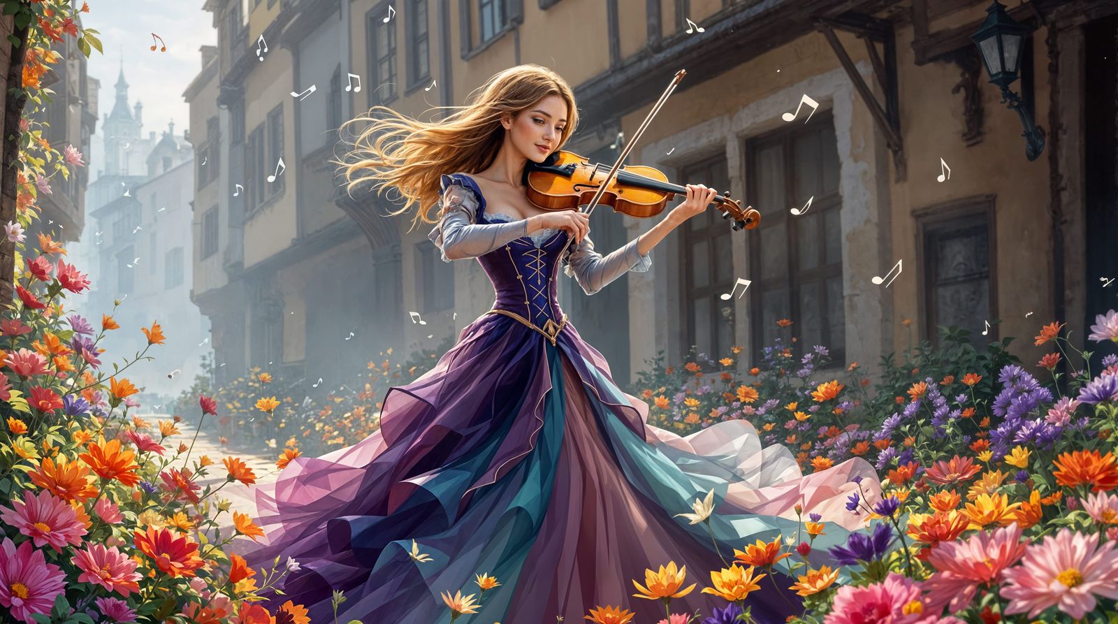 Fantasy European Street Scene with Violinist in Bloom
