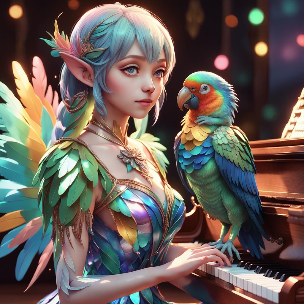 Anime Elf with Piano Parrot in 3D