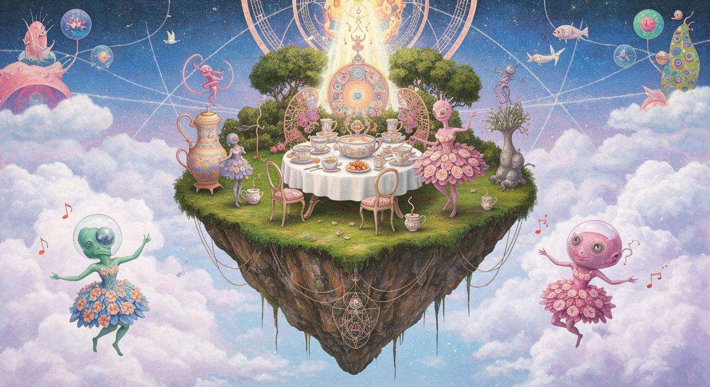 Surreal Tea Party on Floating Island, Psychedelic Art