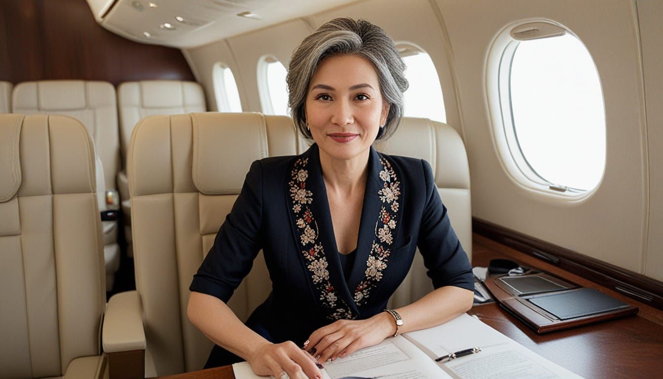 Refined Chinese Businesswoman in Luxury Private Plane