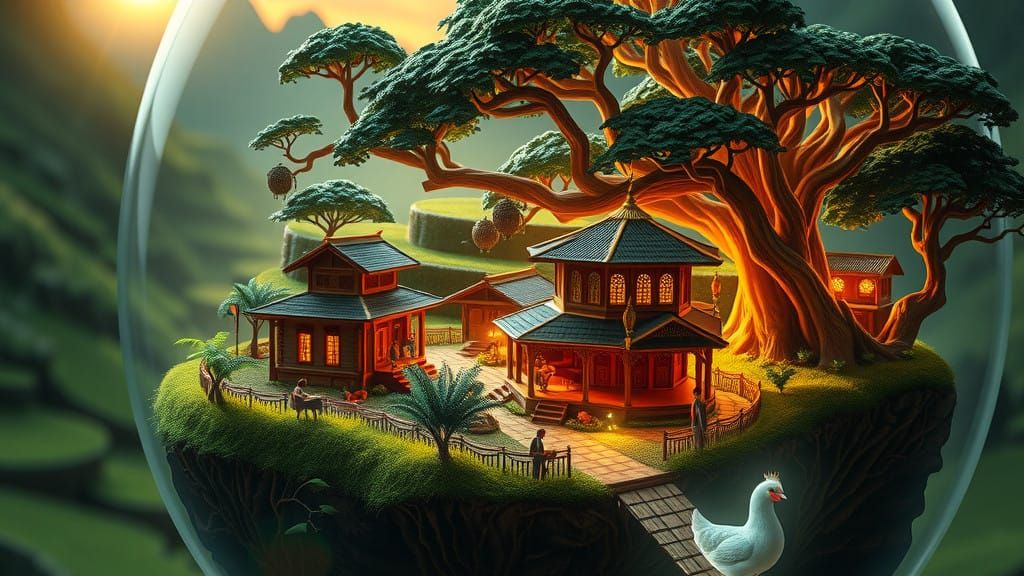 Surreal Indonesian Village in Crystal Terrarium, in Cyberpun...