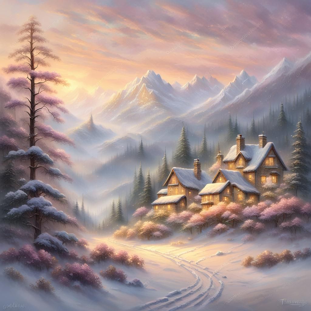 Winter Sunrise Over Misty Mountains in Oil Painting Style