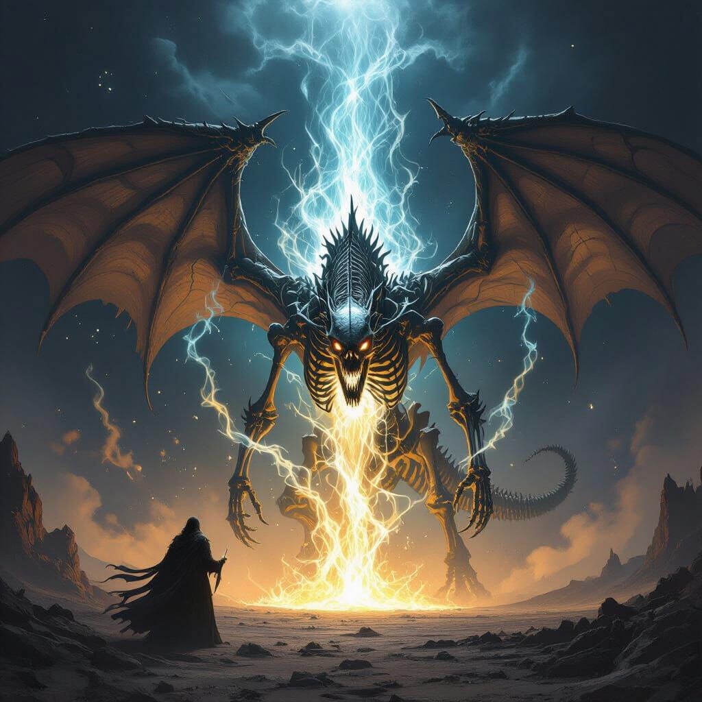 Necromancer Reanimates Colossal Dragon Skeleton in Dark Fant...