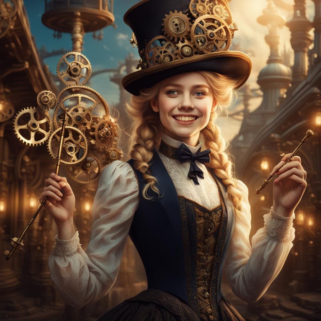 Steampunk Lady with Mechanical Top Hat in Victorian Portrait