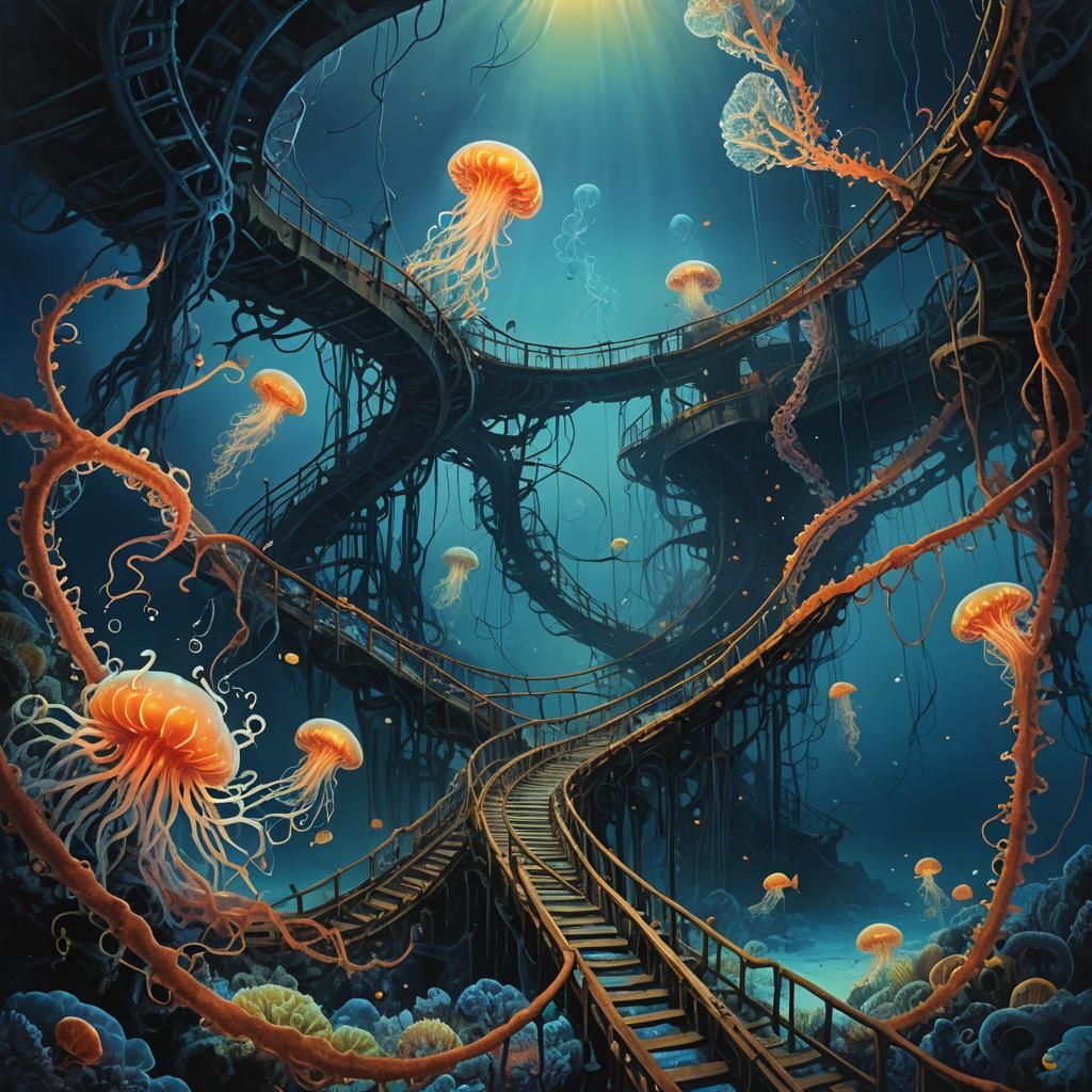 Underwater Rollercoaster in Dark Surrealist Style