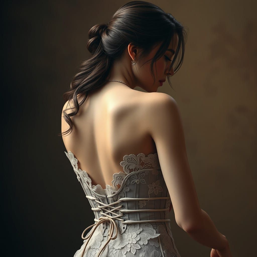 Elegant Woman Tightens Korsett, Accentuating Slender Back