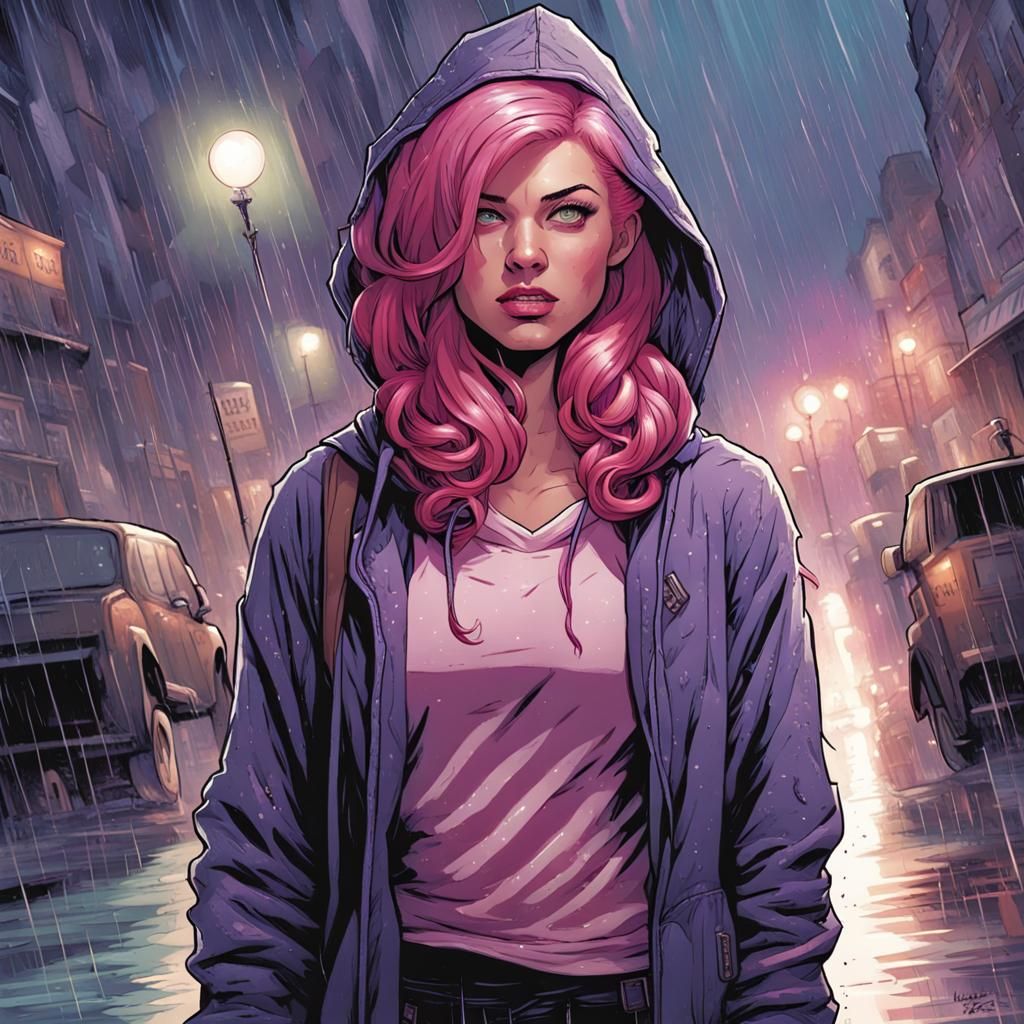 Pink-Haired Woman in Hoodie, Comic Book Art