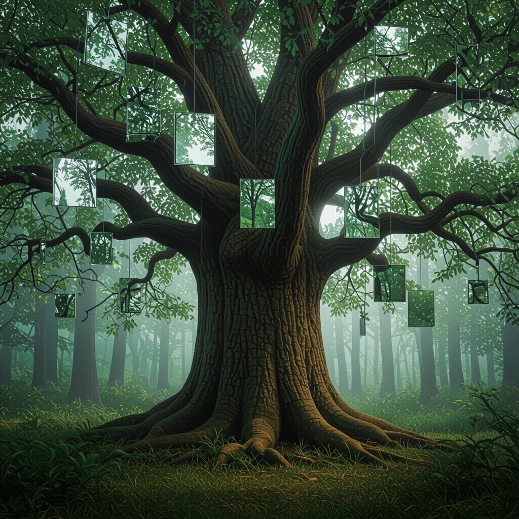 Surreal Tree with Broken Glass in Forest