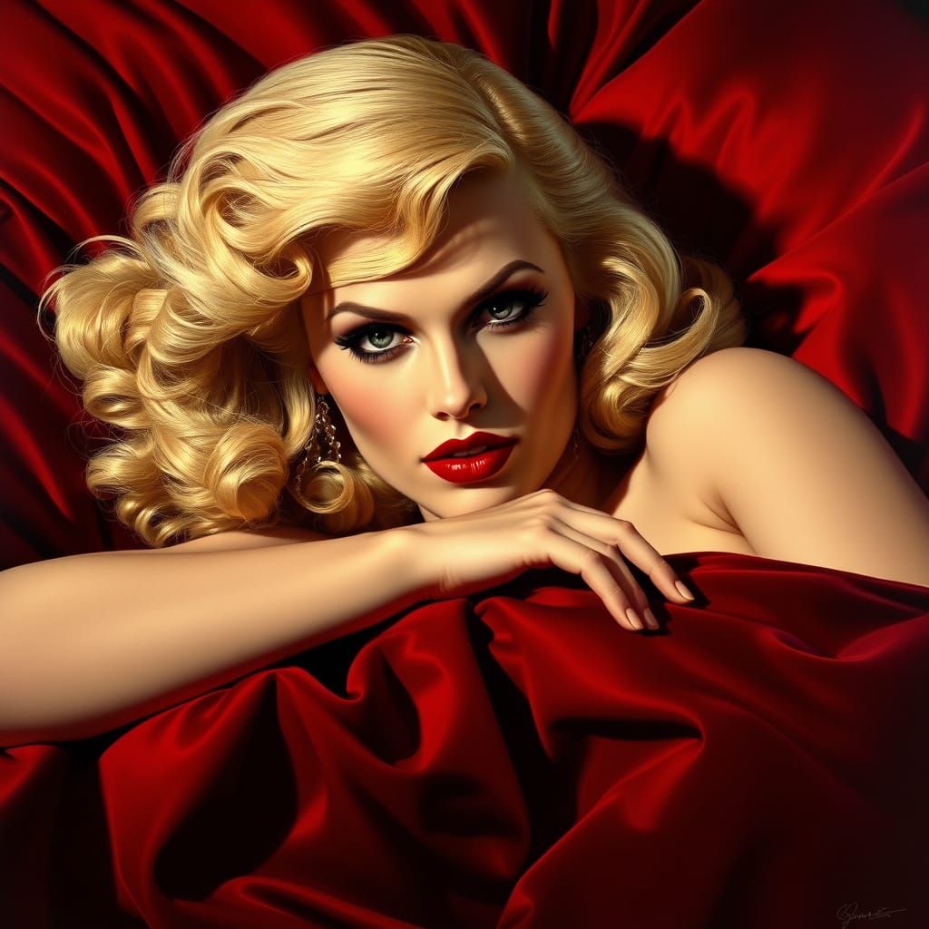 Golden Goddess in Crimson Velvet