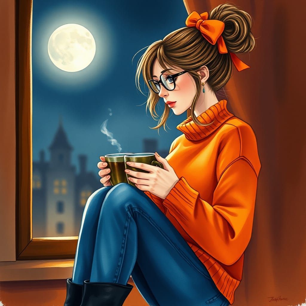 Watercolor Portrait of Woman with Coffee at Night