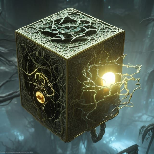 Floating Bioluminescent Puzzle Box in a Dark Fantasy Style