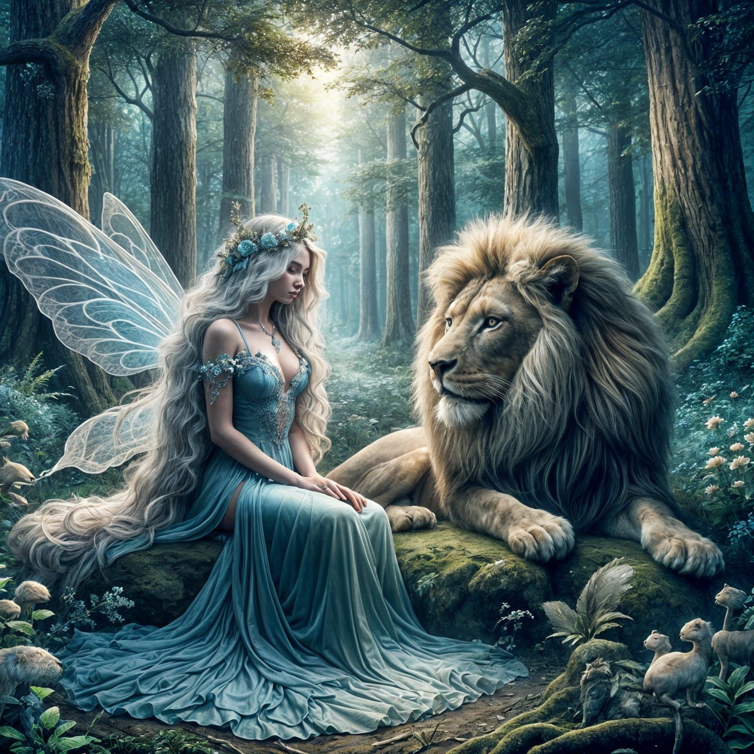 Enchanted Fairy in Forest with Lioness
