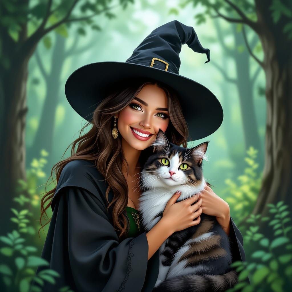 Witch and Cat in Enchanted Forest