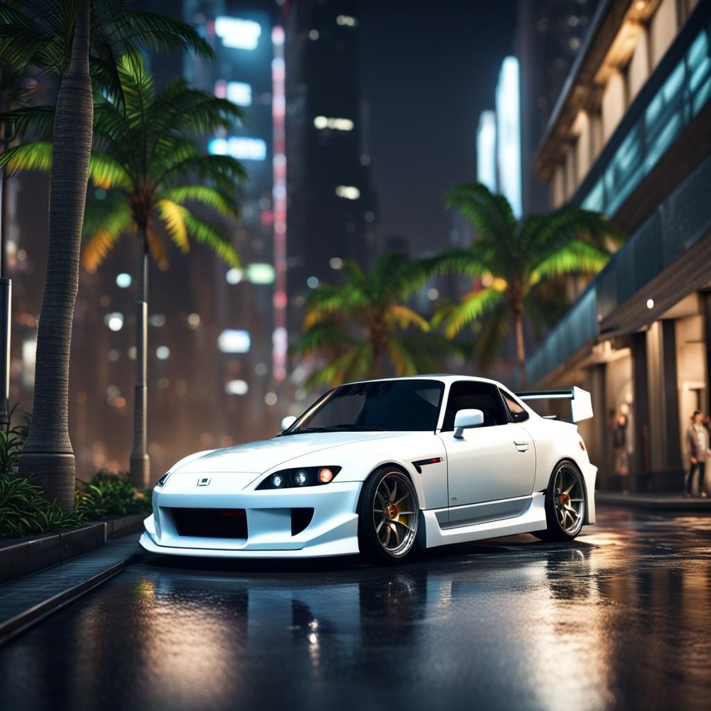 JDM White Honda Car in Modern City at Night