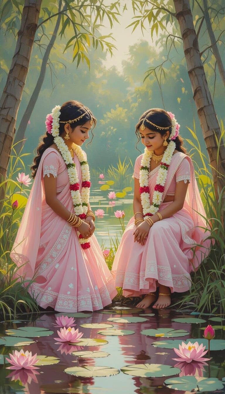 Bangladeshi Girls Play by Pond: Hyperrealistic Art