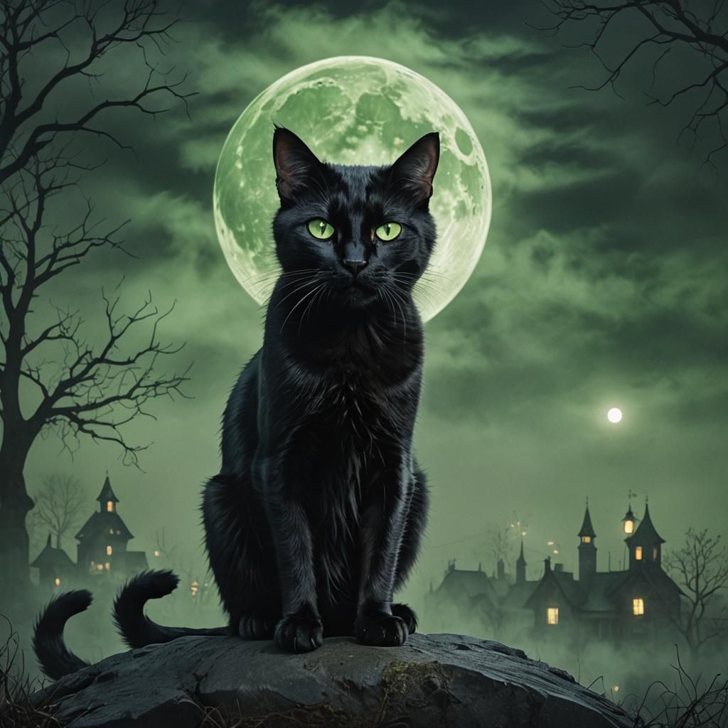 Scary Black Cat Under Full Moon