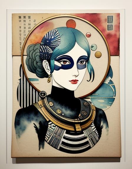 Abstract Victorian Diver Collage in Ukiyo-e Style