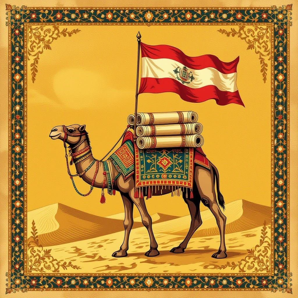 Ancient Tapestry Flag With Camel and Scrolls