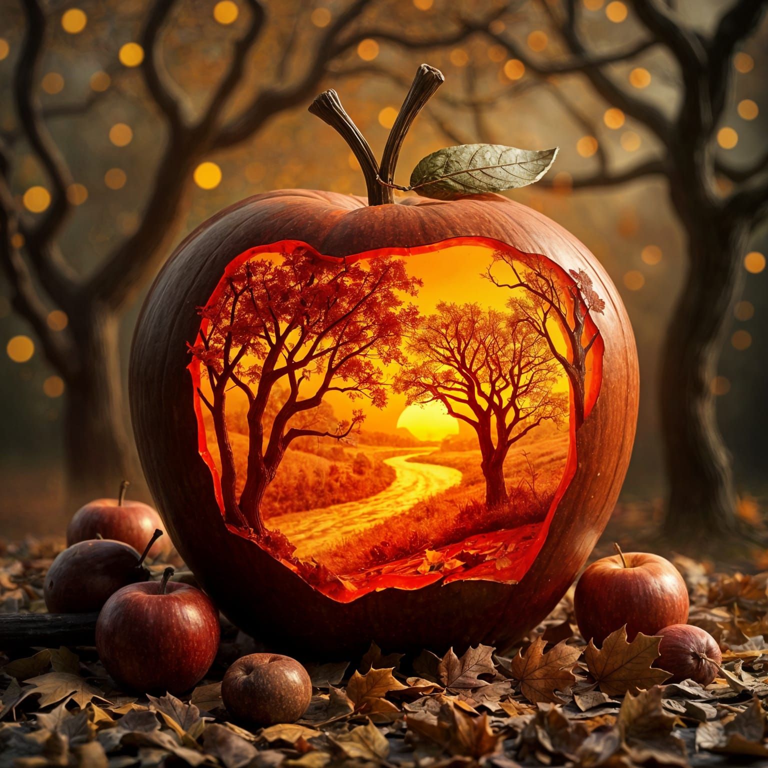 Giant Red Apple with Carved Autumn Landscape, Ethereal Fanta...