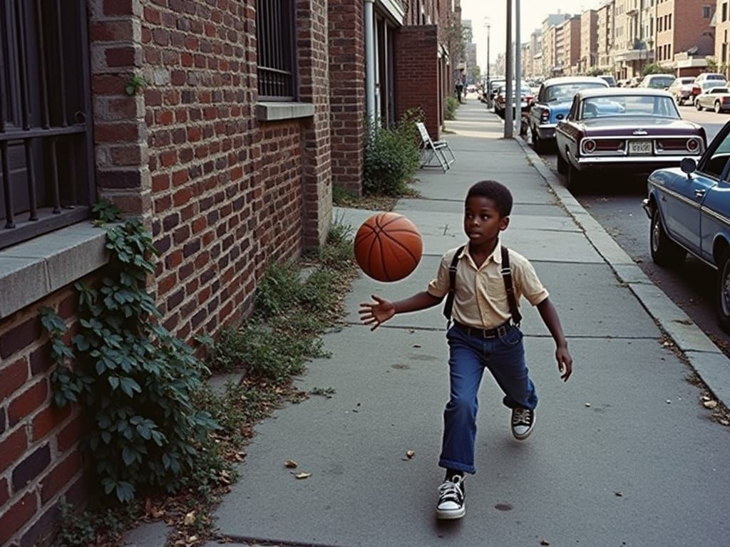 Boy Dribbling Basketball in 1960s Photorealistic Style