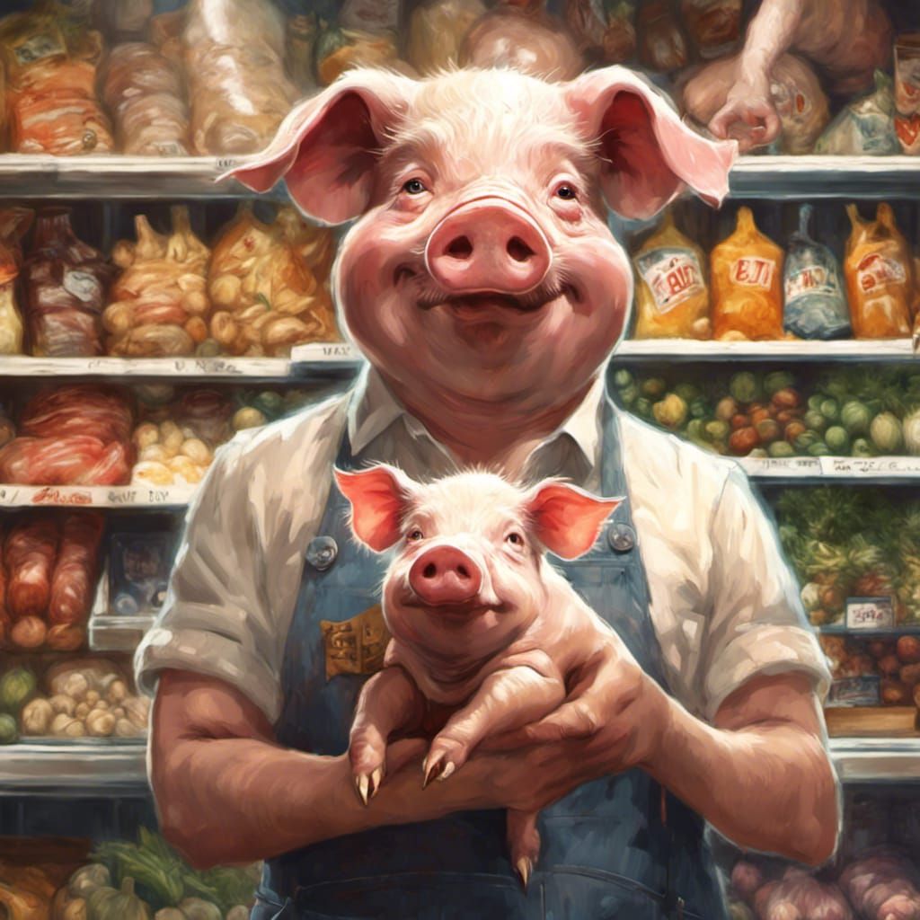 Pig Grocer Portrait in Detailed Digital Art Style