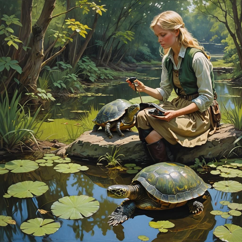Turtle's Unceremonious Pond Departure: Oil Painting