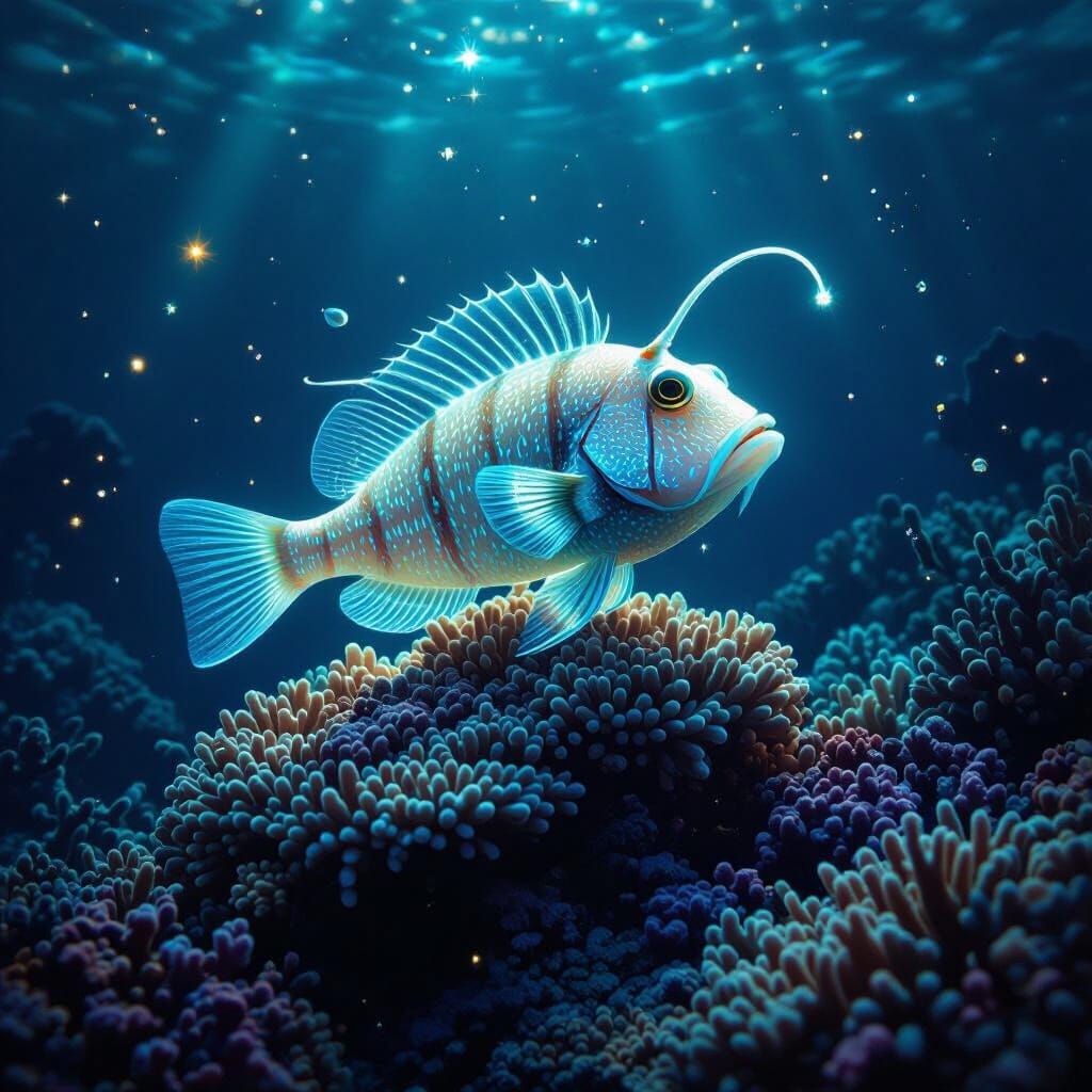 Bioluminescent Anglerfish on Coral Reef in Dreamlike Style