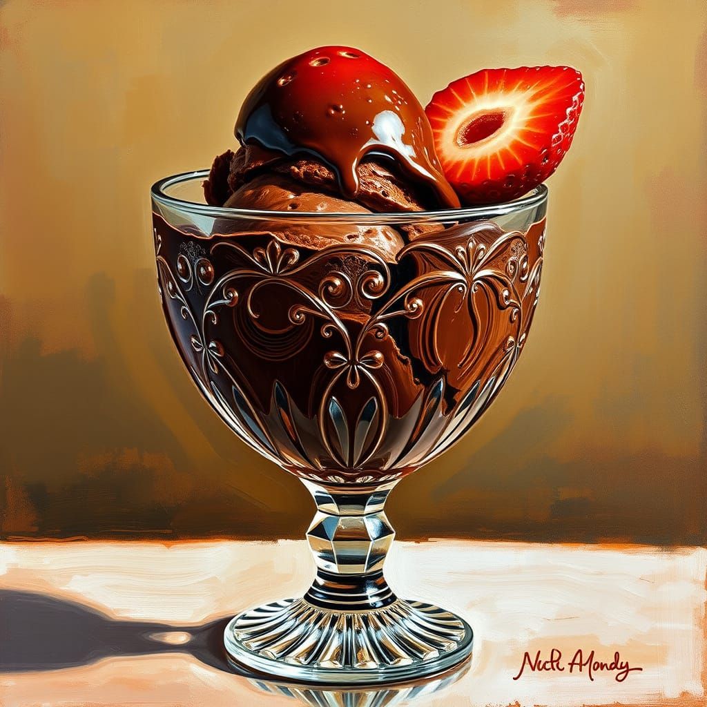 un postre de helado de chocolate y vainilla, en una gran copa de cristal delicada y ornamentada y adornada con..