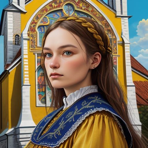 Girl in Slovenian Folk Art Style Before Church