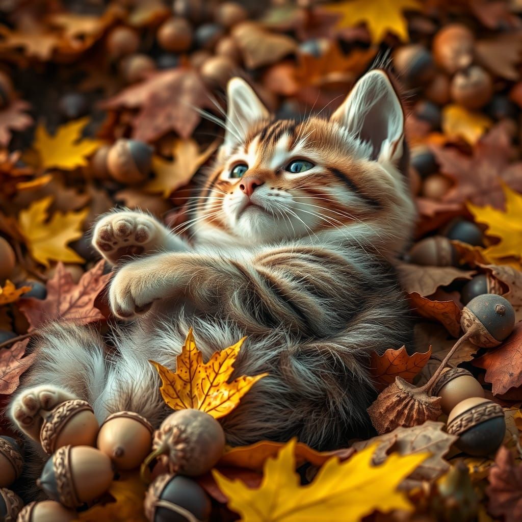 Cute Tabby Kitten Playing in Autumn Leaves