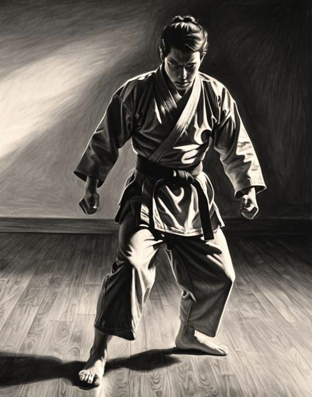 Hyperdetailed Charcoal Drawing of Karate Training