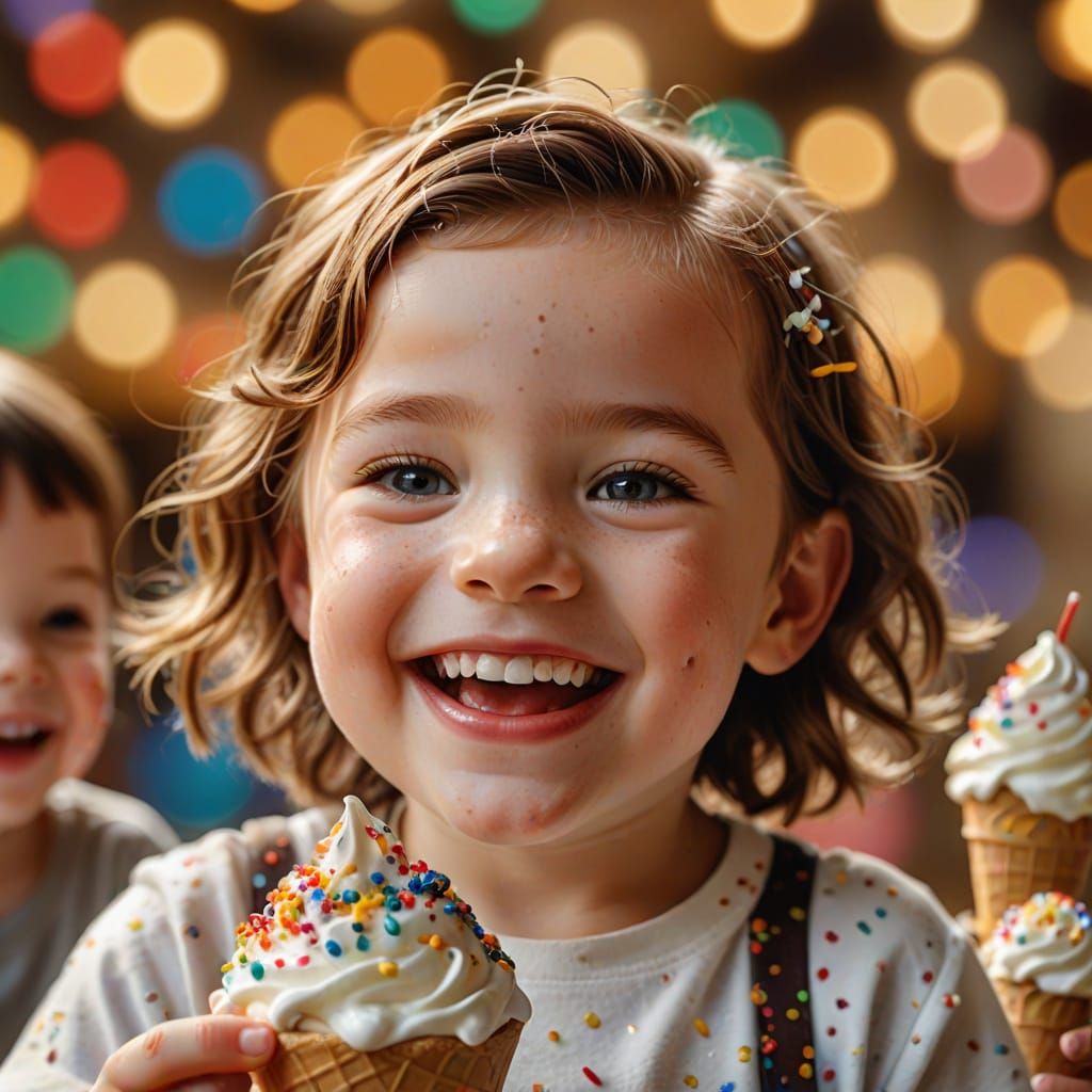 Joyful Child Savoring Sweet Treat in Hyperrealistic Style