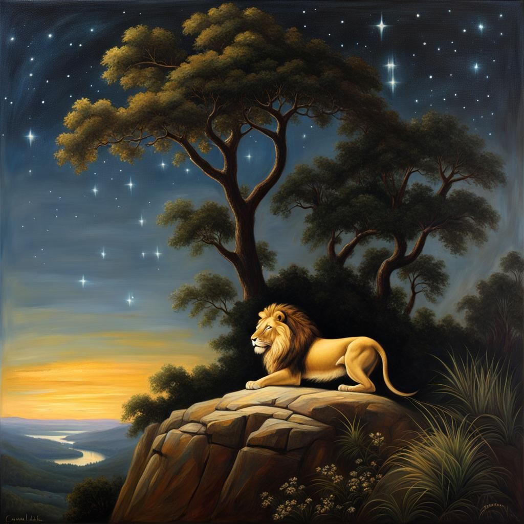 Lion in Savannah: A Romantic Oil Painting
