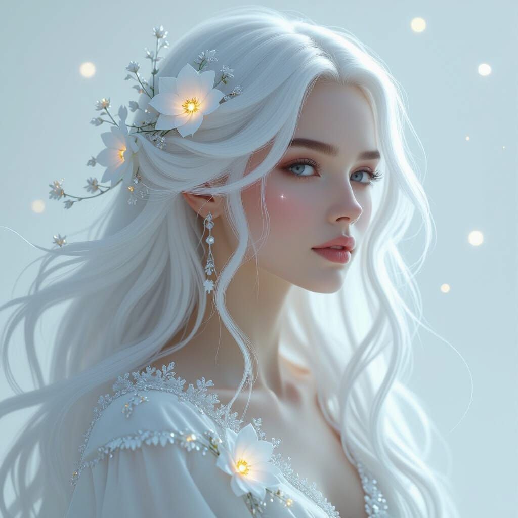 Ethereal Woman with Moonflowers in Digital Matte Painting