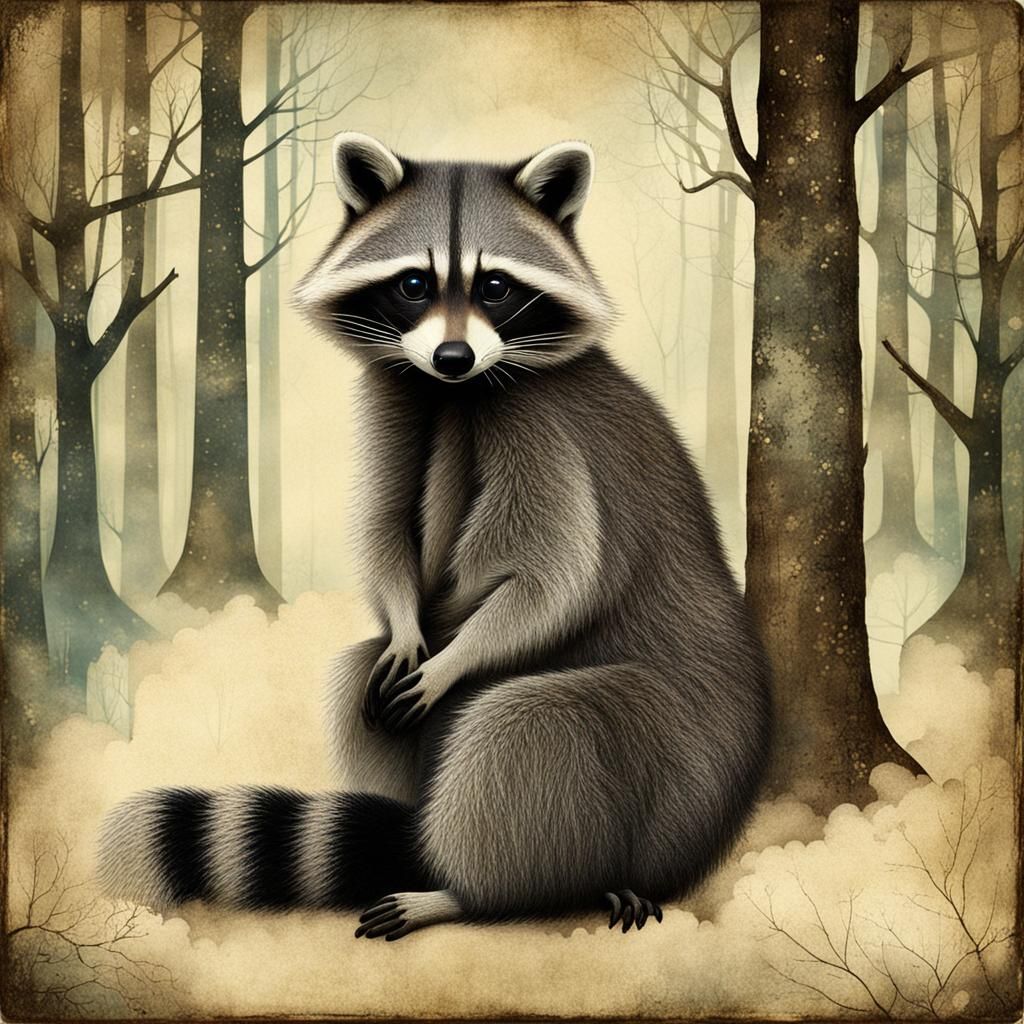 Raccoon in Dreamlike Forest, Mixed Media Art