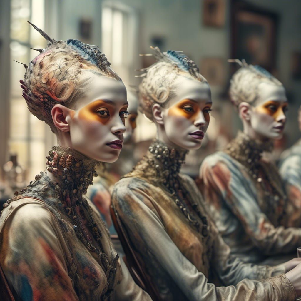 Elegant Alien at Table: Abstract Polychromatic Art