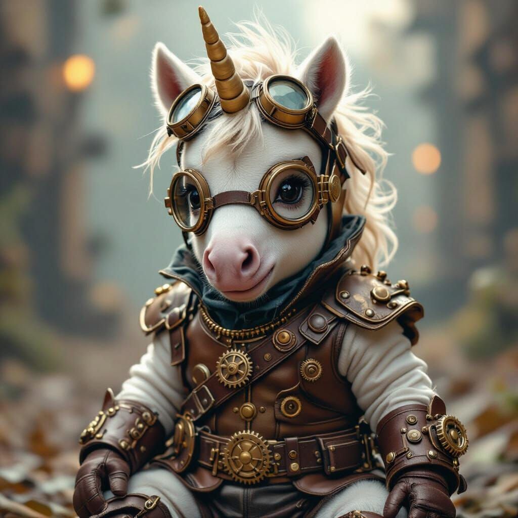 Hyperrealistic Steampunk Baby Unicorn in Detailed Outfit