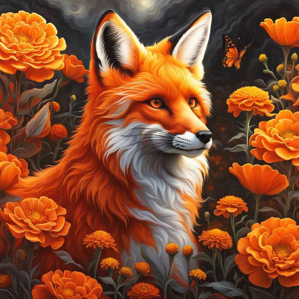 Fox and Marigolds in Monochromatic Digital Art
