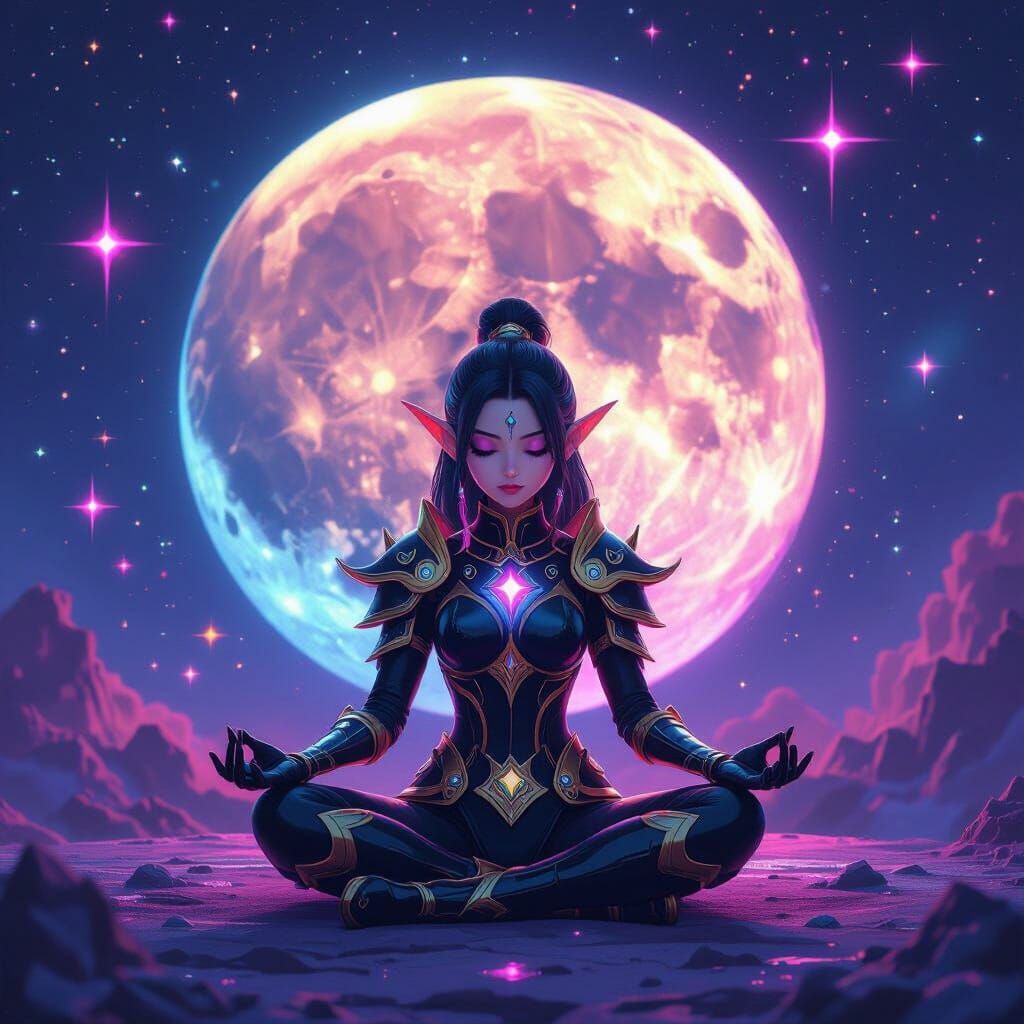Elf Meditating on Moon in Nebula, Cinematic Style