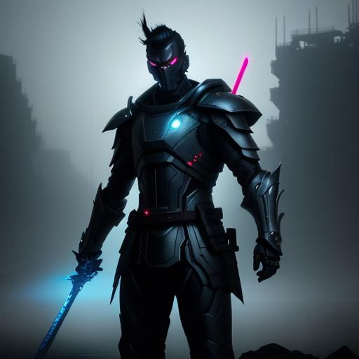 Neon Samurai in Misty Cyberpunk Cityscape