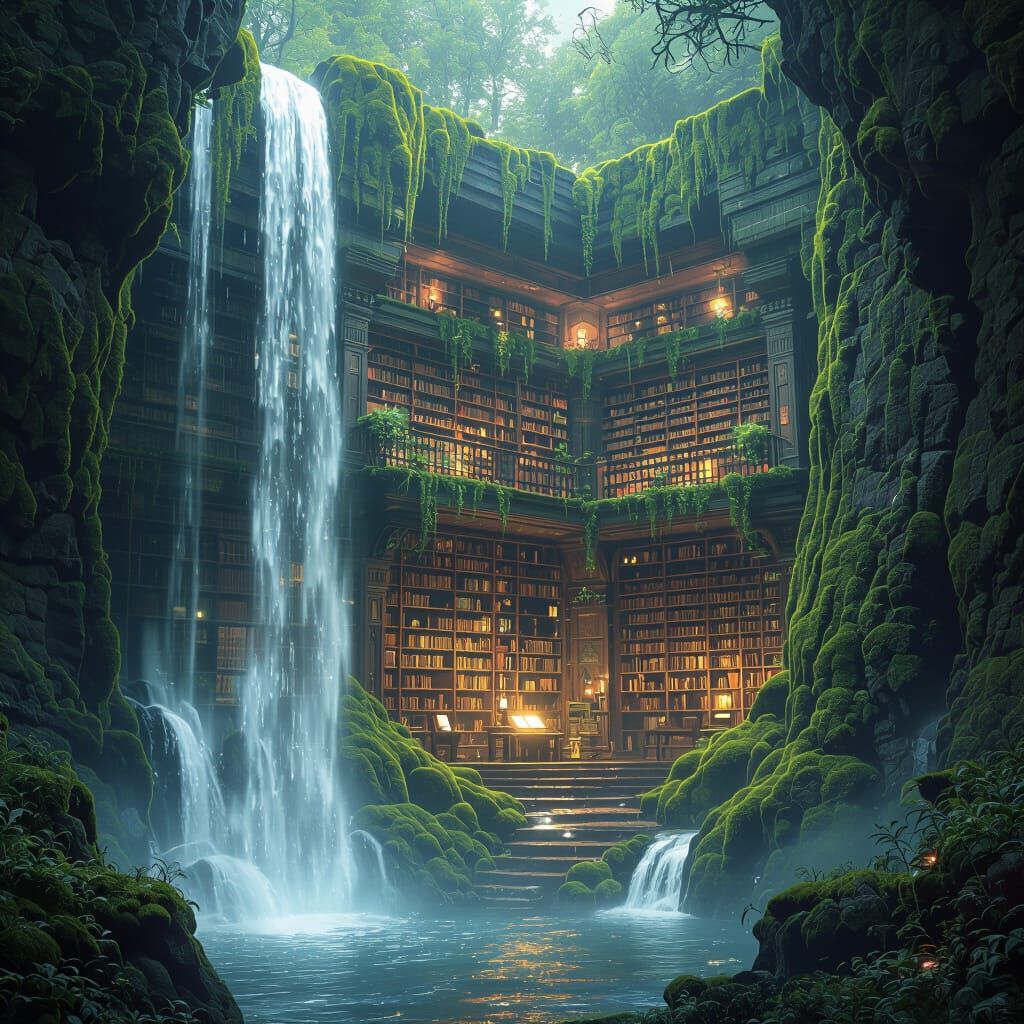 Ancient Library Hidden Within Mossy Waterfall