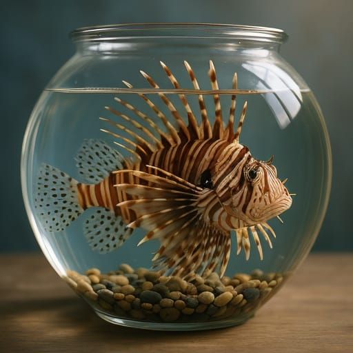 Lionfish in Fishbowl: Vibrant Digital Concept Art
