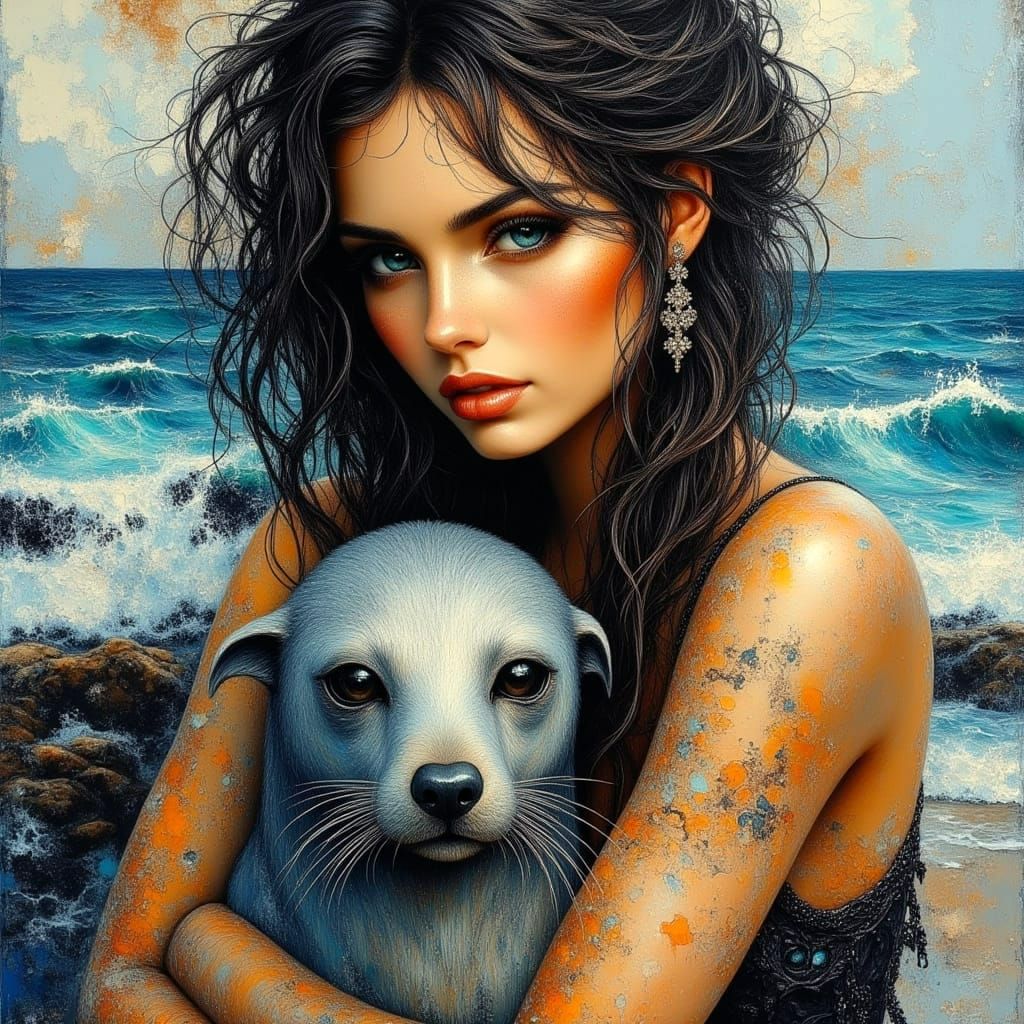Woman and Seal in Stormy Seas: Impasto Oil Painting